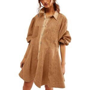 Women's Denim Dress Cotton Long Sleeve Button Down A Line Swing Ruffle